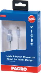 Micro-USB Kabel in Silber mit Textil-Design. Länge von einem Meter.