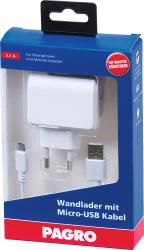 Weißes Ladegerät mit Micro-USB Kabel. Verpackung in blau und rot mit der Aufschrift 'Wandlader mit Micro-USB Kabel'.