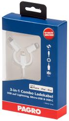 Verpackung für ein 3-in-1 Ladegerät. Enthält USB auf Lightning, Micro-USB und USB-C Kabel.