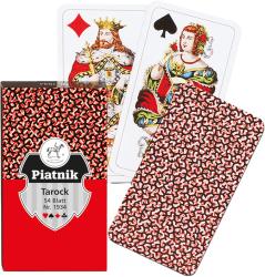 Tarock-Kartenspiel von Piatnik. Verpackung rot mit schwarzem und weißem Design. Zwei Karten sichtbar: König der Herzen und Dame der Pik. Rückseite der Karten mit abstraktem Muster.