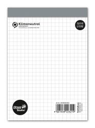 Notizblock mit kariertem Papier. Oben grauer Rand und Logo.