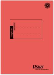 Rotes Registerheft mit schwarzem Aufdruck. Platz für Eintragungen oben.