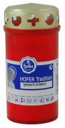 Roter Grablichtbehälter mit goldenem Deckel. Auf der Vorderseite steht 'HOFER Tradition' und eine Abbildung einer Figur.