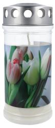 Durchsichtiger Kerzenhalter mit silbernem Deckel. Auf der Oberfläche sind bunte Tulpen abgebildet.
