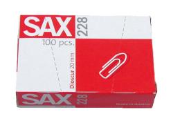 Kartonverpackung für Büroklammern. Rot-weiße Farben mit der Aufschrift SAX 228.