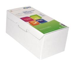 weiße Kartonbox für Fensterkuverts. Auf der Vorderseite sind bunte Symbole und Text. Enthält 200 Stück, 80 g/m².