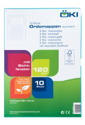 Packung mit 10 Ordnern in verschiedenen Farben. Enthält Sichtfenster und ist aus nachwachsenden Rohstoffen.