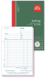 Auftragsformular, grüne und rote Farbgestaltung. Oben 'Auftrag' in blauer Schrift. Enthält Felder für Nummer, Ort, Datum, Lieferzeit, Zahlung und UID-Nummer. Mehrere leere Zeilen für Einträge.