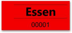 Rote Karte mit schwarzem Text. Beschriftung: Essen, Nummer 00001.