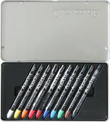 Packung mit 10 Aquarell-Ölpastellen. Bunte Zeichnung auf der Vorderseite. Schwarz-weiße Stifte sichtbar. Hinweis auf umweltfreundliche Herstellung.