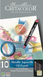 Verpackung für metallic Aquarellölpastelle. Zeigt einen bunten, abstrakten Hintergrund mit einem Pastellstift.