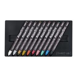 Verpackung für metallic Aquarellölpastelle. Zeigt einen bunten, abstrakten Hintergrund mit einem Pastellstift.