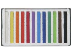 Set mit 12 harten Pastellkreiden in verschiedenen Farben. Verpackung zeigt ein buntes spiralförmiges Design.