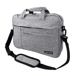 graue Laptop-Tasche mit zwei Griffen und abnehmbarem Schultergurt. Eine große Fronttasche und eine Hauptöffnung mit Reißverschluss.