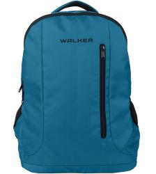 Türkisfarbener Rucksack mit schwarzem Reißverschluss. Logo 'WALKER' auf der Vorderseite.