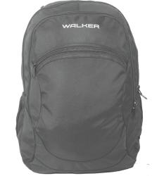 Schwarzer Rucksack mit einem Hauptfach und einer vorderen Reißverschlusstasche. Das Material wirkt robust.