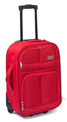 roter Koffer mit zwei Rollen und ausziehbarem Griff. Zwei vordere Taschen. Gepolsterte Seiten.
