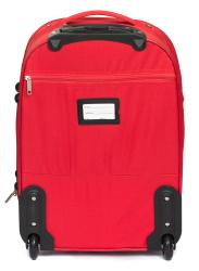 roter Koffer mit zwei Rollen und ausziehbarem Griff. Zwei vordere Taschen. Gepolsterte Seiten.
