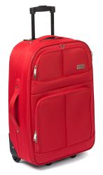 Roter Koffer mit ausziehbarem Griff und Rollen. Zwei vordere Taschen für zusätzlichen Stauraum.