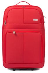 Roter Koffer mit Teleskopgriff und zwei Rollen. Zwei vordere Taschen für zusätzlichen Stauraum.
