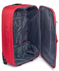 Roter Koffer mit Teleskopgriff und zwei Rollen. Zwei vordere Taschen für zusätzlichen Stauraum.