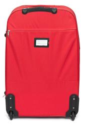 Roter Koffer mit Teleskopgriff und zwei Rollen. Zwei vordere Taschen für zusätzlichen Stauraum.