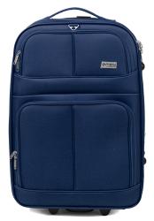 Dunkelblaue Reisetasche mit zwei Rollen und ausziehbarem Griff. Zwei vordere Fächer sind sichtbar.