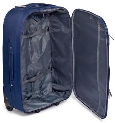 Dunkelblaue Reisetasche mit zwei Rollen und ausziehbarem Griff. Zwei vordere Fächer sind sichtbar.