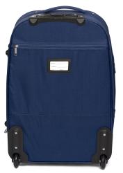 Dunkelblaue Reisetasche mit zwei Rollen und ausziehbarem Griff. Zwei vordere Fächer sind sichtbar.
