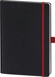 schwarzes Notizbuch mit rotem Gummiband. Glatte Oberfläche, rechteckige Form. Seiten sind weiß.