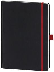 schwarzes Notizbuch mit rotem Gummiband. Glatte Oberfläche, rechteckige Form. Seiten sind weiß.