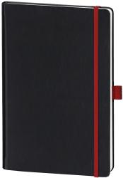 Schwarzes Notizbuch mit rotem Gummiband. Es hat einen einfachen, eleganten Look.