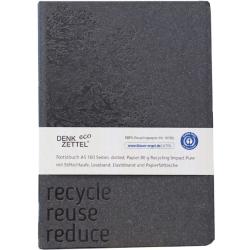 Schwarzes Notizbuch im A5-Format mit 160 Seiten. Auf dem Cover steht 'recycle reuse reduce'.