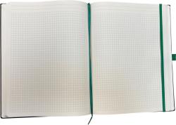 Offenes Notizbuch mit karierten Seiten. Grüne Lesezeichen und elastischer Verschluss.