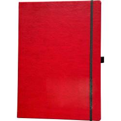 rotes Notizbuch mit elastischem Verschluss. Glatte Oberfläche, rechteckige Form. Keine weiteren Verzierungen.