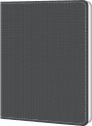 Graues Notizbuch mit strukturierter Oberfläche. Es hat einen weißen Rand und ist schlicht gestaltet.