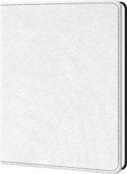 Weißes Notizbuch mit strukturiertem Cover. Es hat eine schwarze Kante und ist schlicht gehalten.