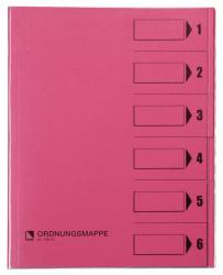 Pinkfarbene Ordnungsmappe mit sechs beschriftbaren Kästchen. Einfaches Design ohne Muster.