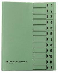 Grüne Ordnungsmappe mit 12 beschriftbaren Fächern. Auf der Vorderseite sind Pfeile und Zahlen von 1 bis 12.
