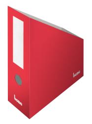 roter Ordner mit einer weißen Beschriftungsfläche. Rundloch an der Seite. Schlichtes Design, Logo 'bene' in Weiß.