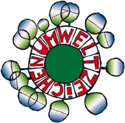 Rundes Logo mit grünem Zentrum. Umrandung in rot mit dem Wort 'Umweltschutz' und blauen und grünen Elementen.