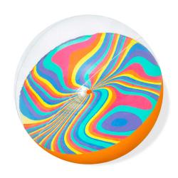 Bunte Strandkugel mit spiralförmigem, farbigem Muster. Der untere Teil ist orange.