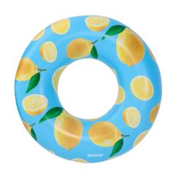 Runder Schwimmreifen in Blau. Mit gelben Zitronen und Zitronenscheiben bedruckt. Öffnung in der Mitte.