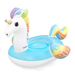 Aufblasbares Einhorn mit buntem Horn und Schwanz. Schwimmring in Blau und Weiß.