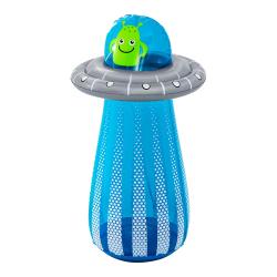 Aufblasbares Spielzeug in Form eines UFOs. Blau mit einem lächelnden grünen Alien oben.