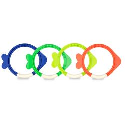 Vier bunte Ringe in Fischform. Farben: Blau, Grün, Gelb und Orange.