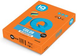 orangefarbene Verpackung für Papier. Aufdruck mit blauer Schrift 'IQ COLOR'. Bild eines Heißluftballons. Symbole für Kopieren, Drucken, und Laser. FSC-Logo.