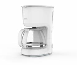 Kaffeemaschine in Weiß mit transparentem Kaffeekanne. Schlichtes Design, keine auffälligen Details.