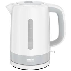 Weißer Wasserkocher mit grauem unteren Teil. Hat einen ergonomischen Griff und eine Wasserstandsanzeige.