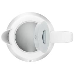 Weißer Wasserkocher mit grauem unteren Teil. Hat einen ergonomischen Griff und eine Wasserstandsanzeige.